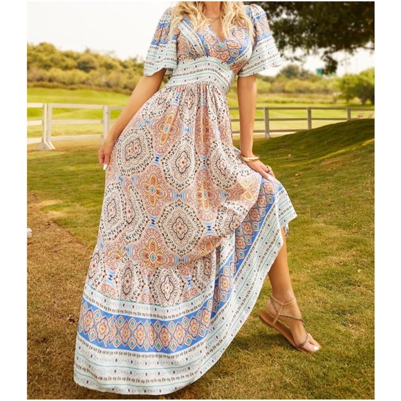 Boho Floral Print Butterfly Sleeve Maxi Dress - Picture 6 of 6